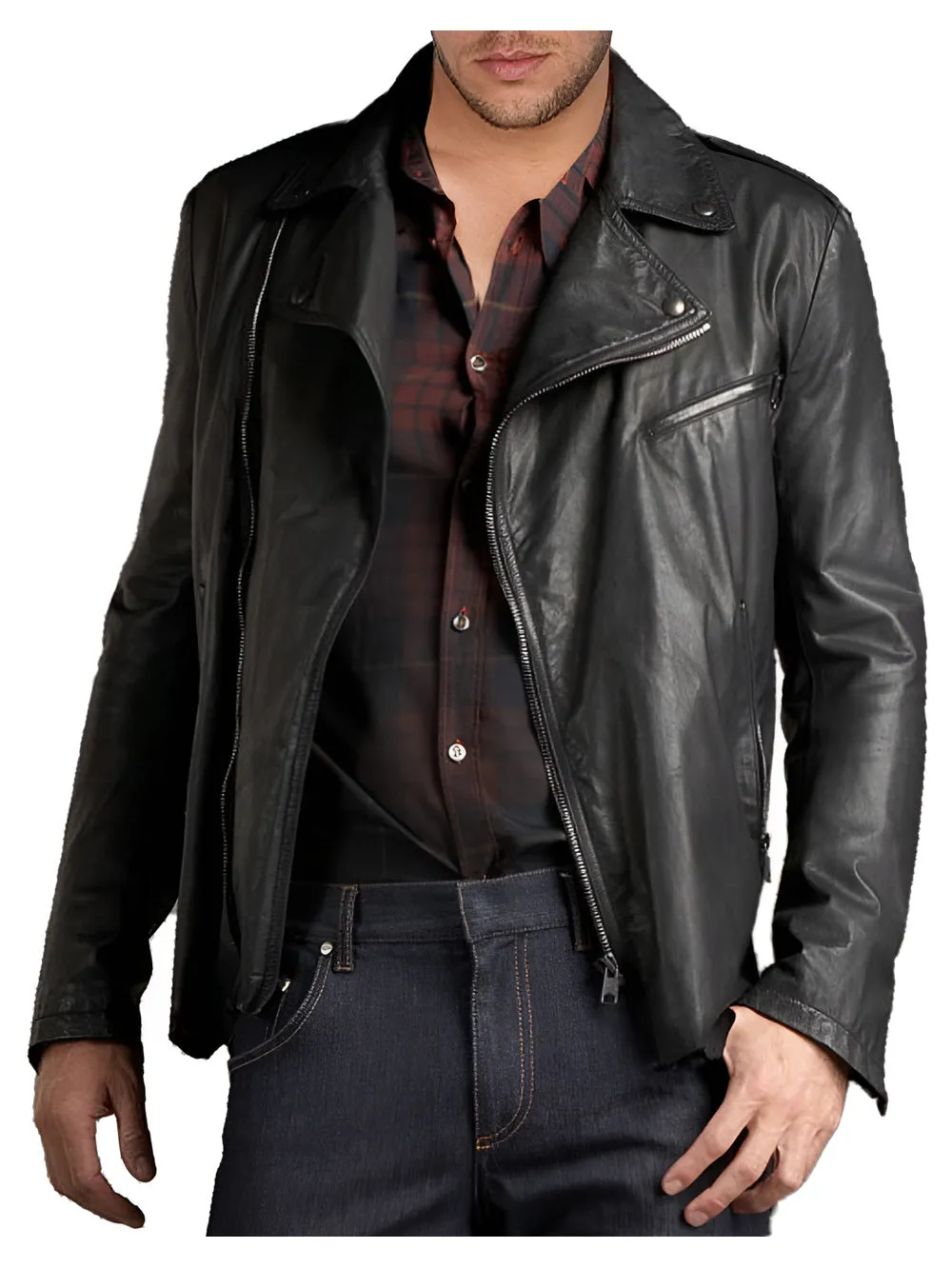 Ragged Hem Genuine Leather Biker Jacket for Men