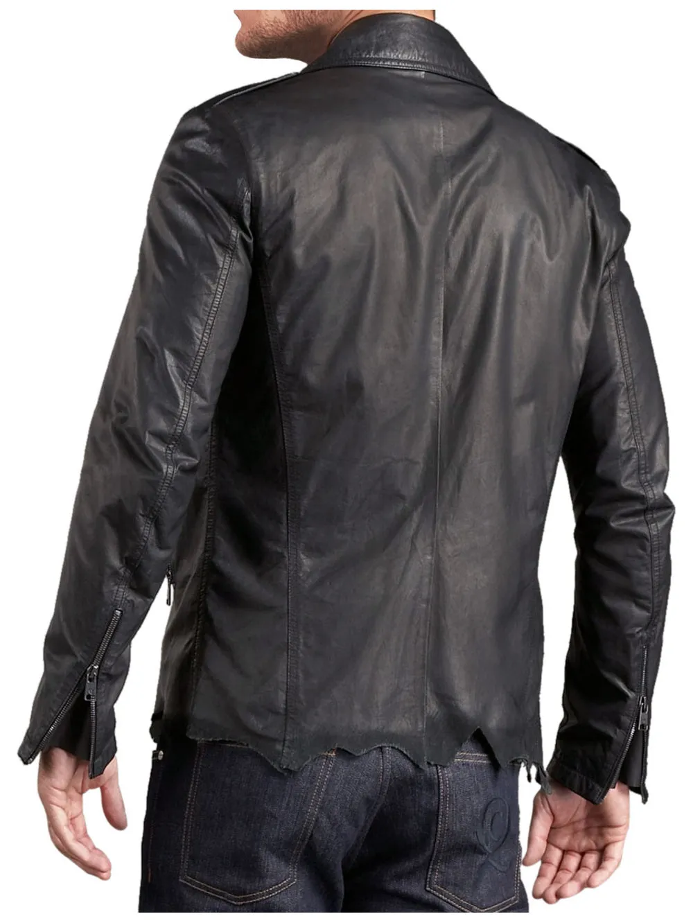 Ragged Hem Genuine Leather Biker Jacket for Men