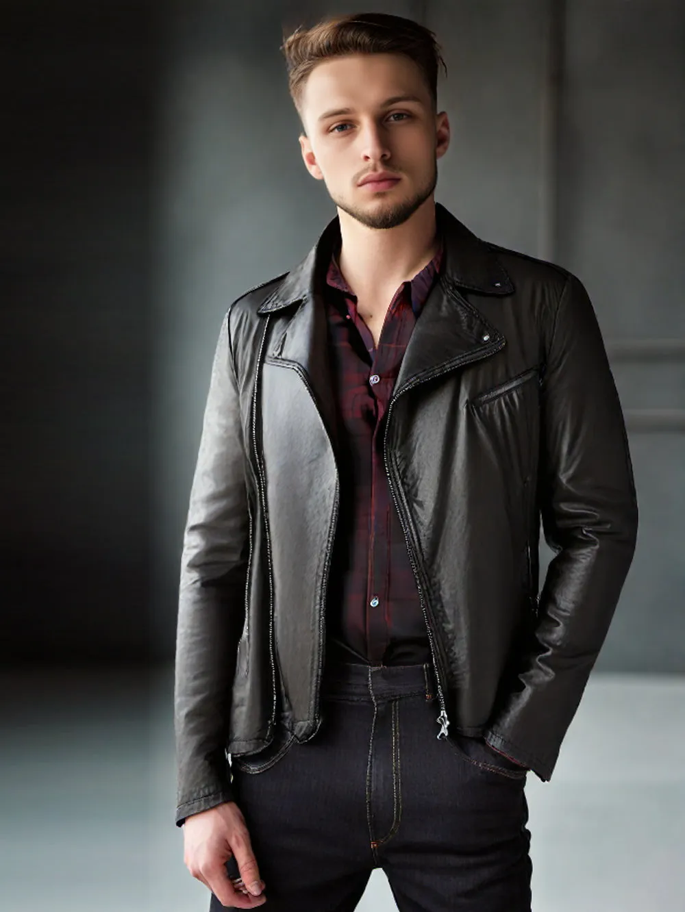 Ragged Hem Genuine Leather Biker Jacket for Men