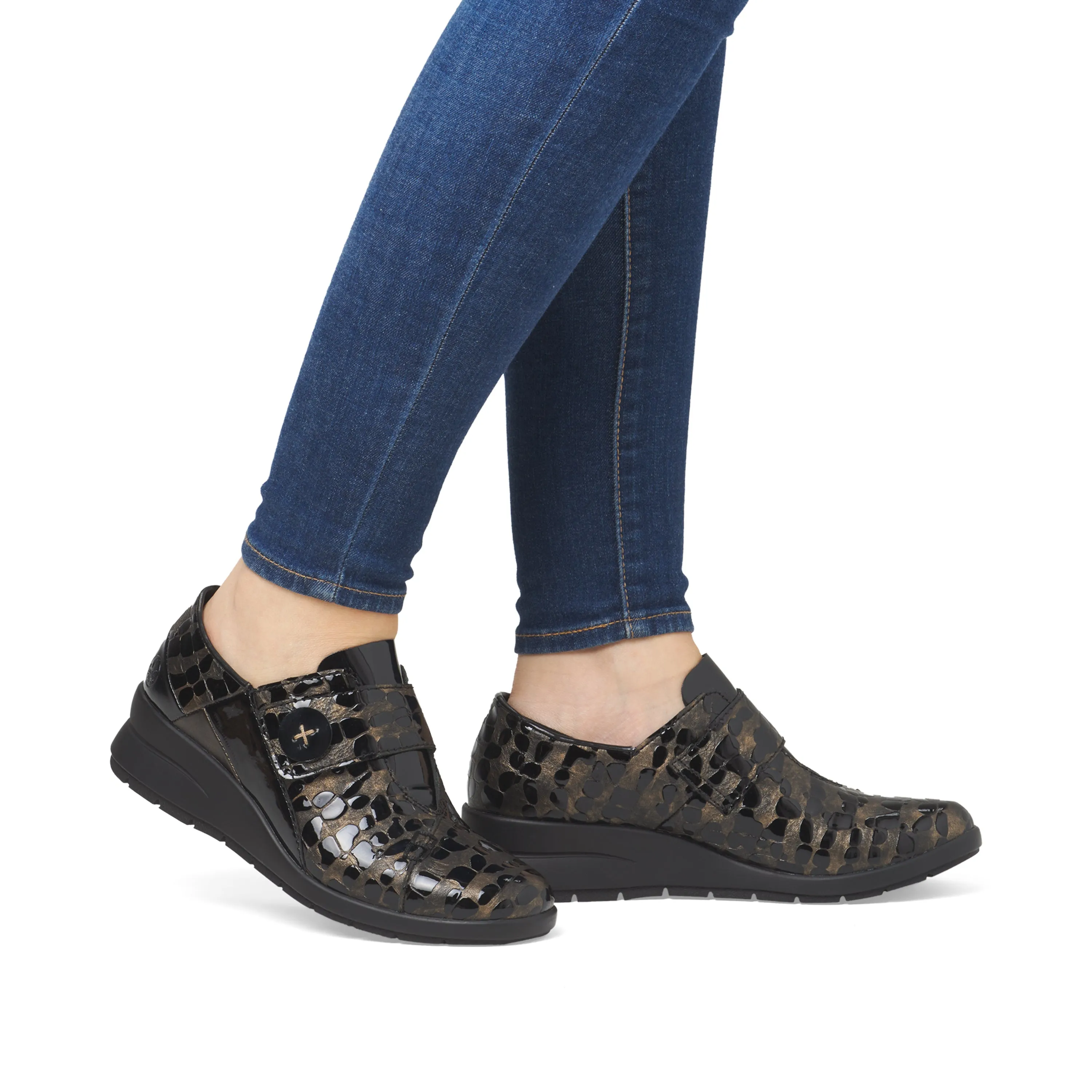 Rieker L4856 - Ladies Velcro Brown Patent Croc Wedge in Brown/Black