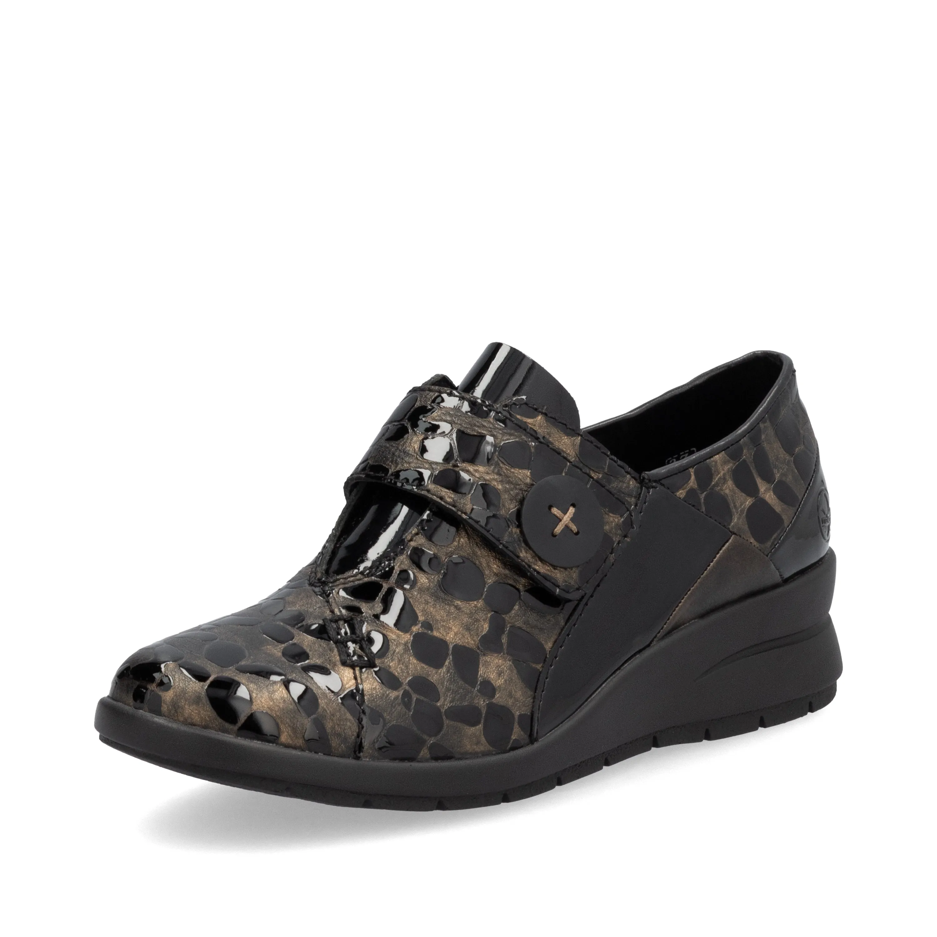 Rieker L4856 - Ladies Velcro Brown Patent Croc Wedge in Brown/Black