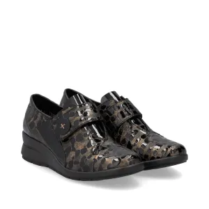 Rieker L4856 - Ladies Velcro Brown Patent Croc Wedge in Brown/Black