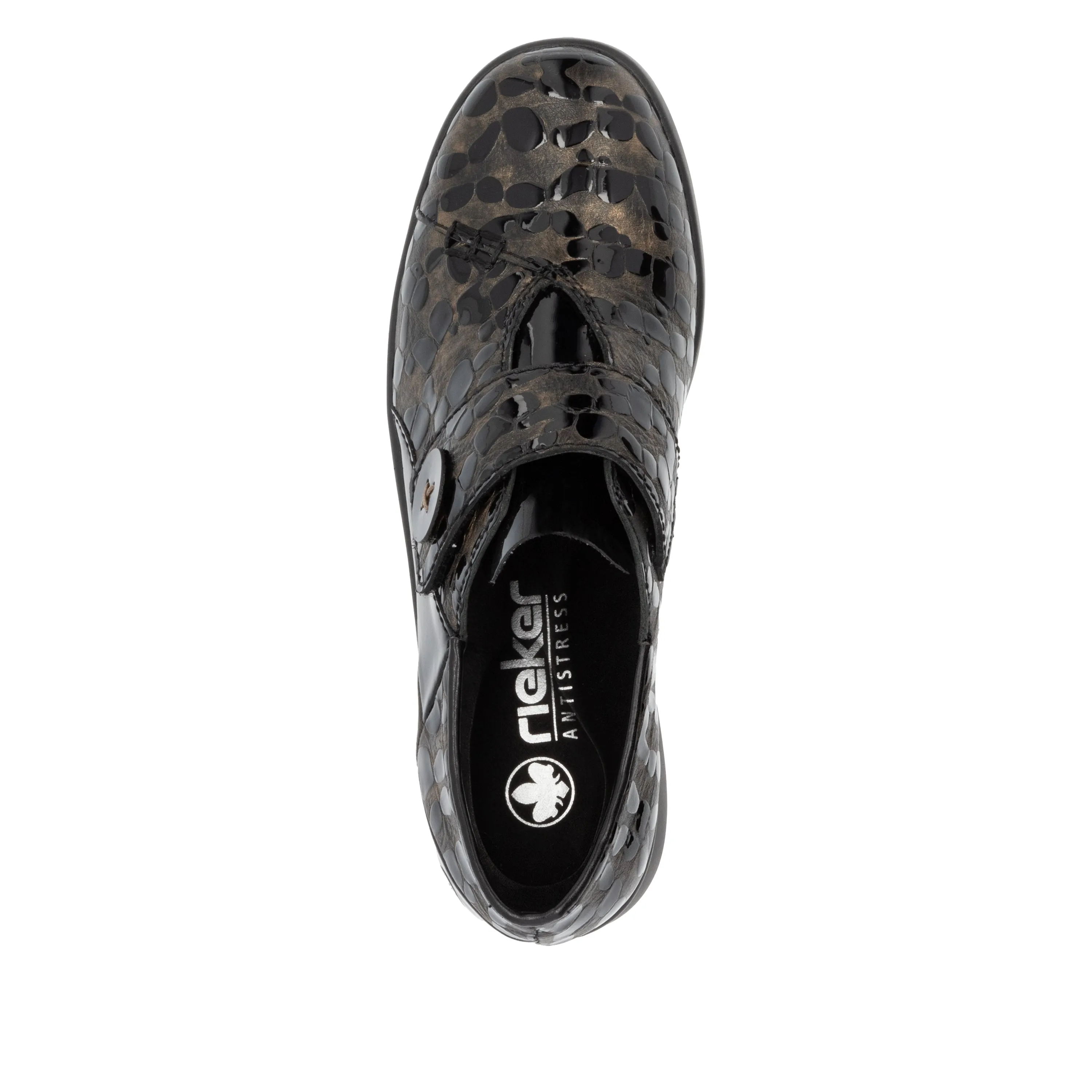 Rieker L4856 - Ladies Velcro Brown Patent Croc Wedge in Brown/Black