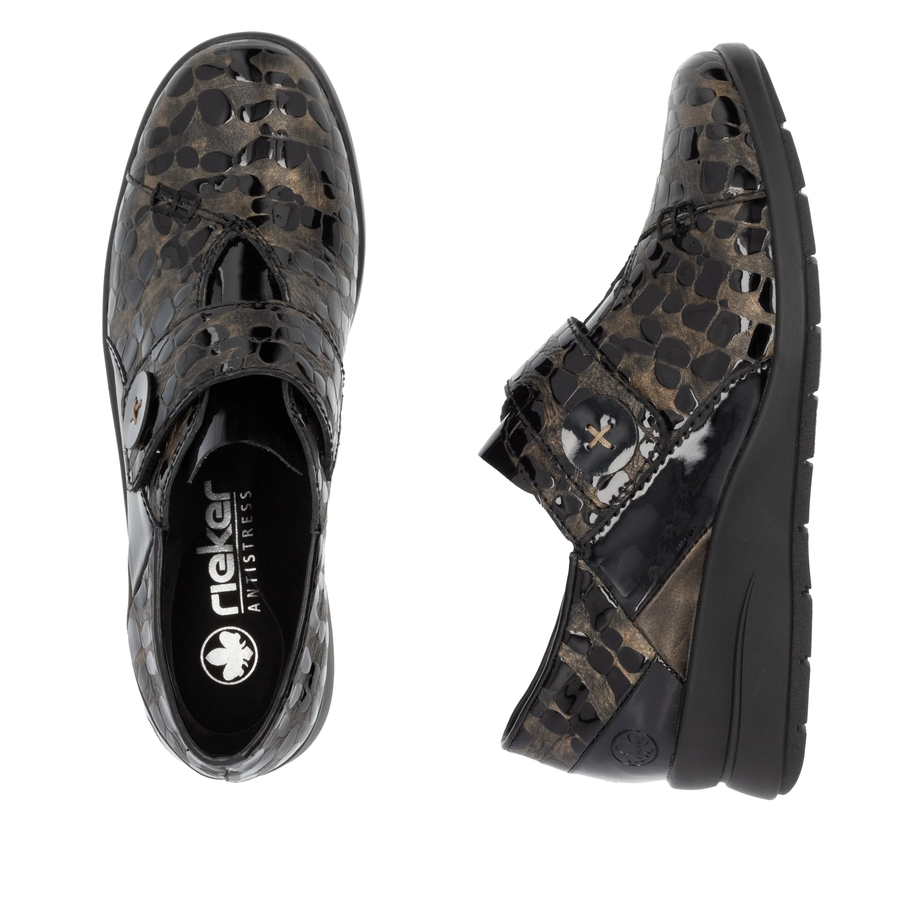 Rieker L4856 - Ladies Velcro Brown Patent Croc Wedge in Brown/Black