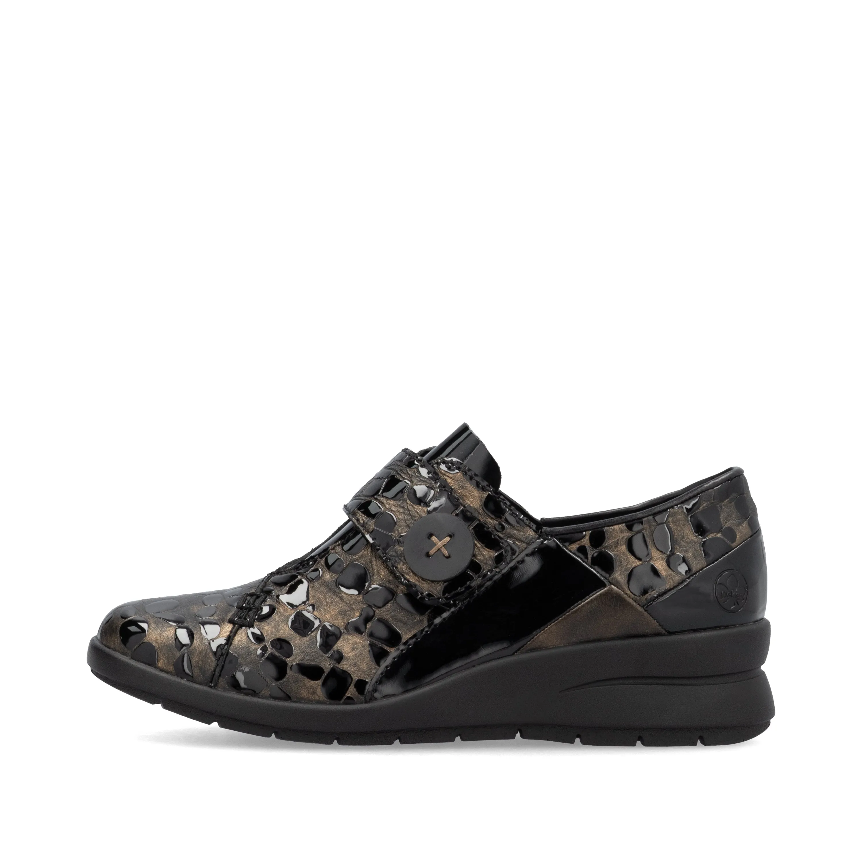 Rieker L4856 - Ladies Velcro Brown Patent Croc Wedge in Brown/Black