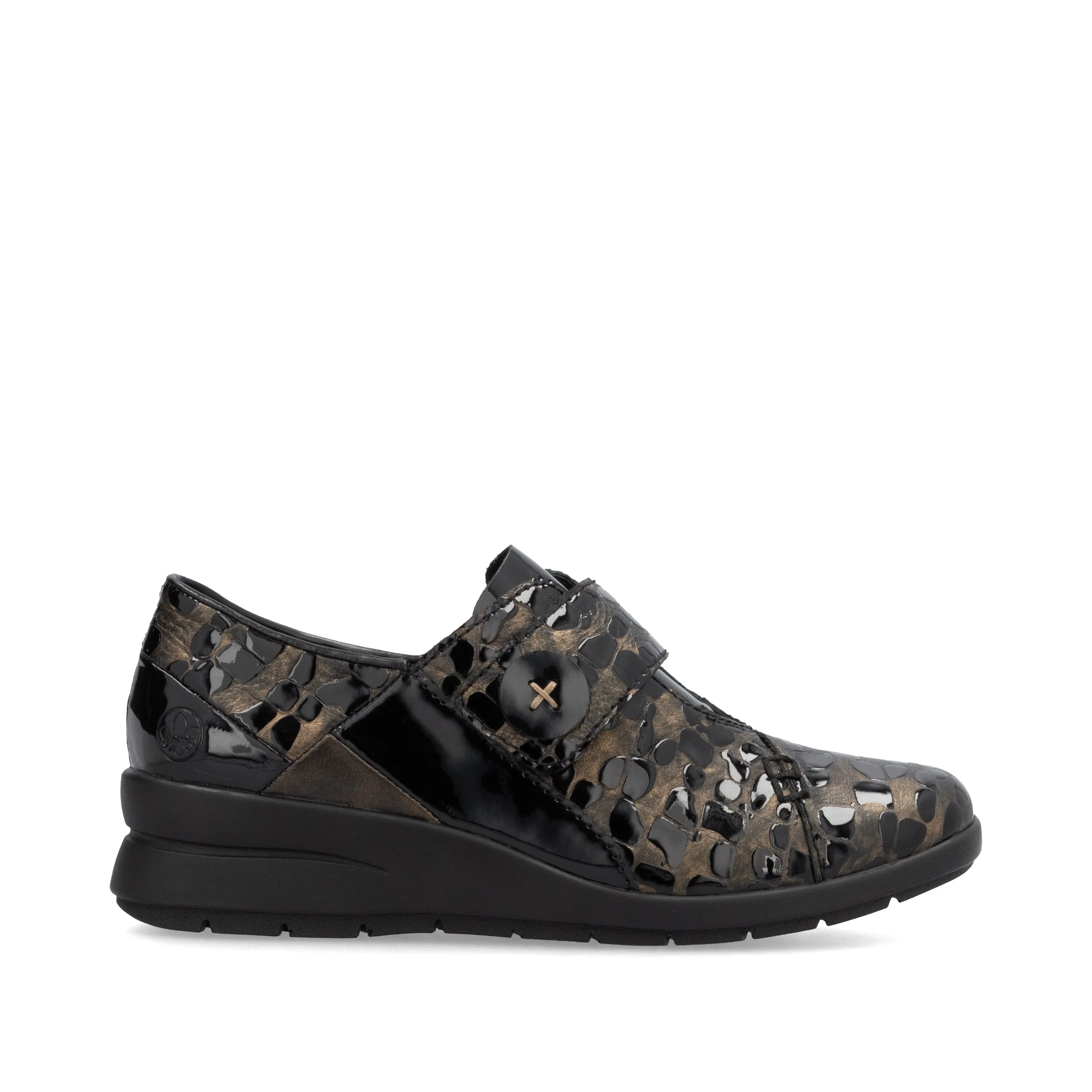 Rieker L4856 - Ladies Velcro Brown Patent Croc Wedge in Brown/Black