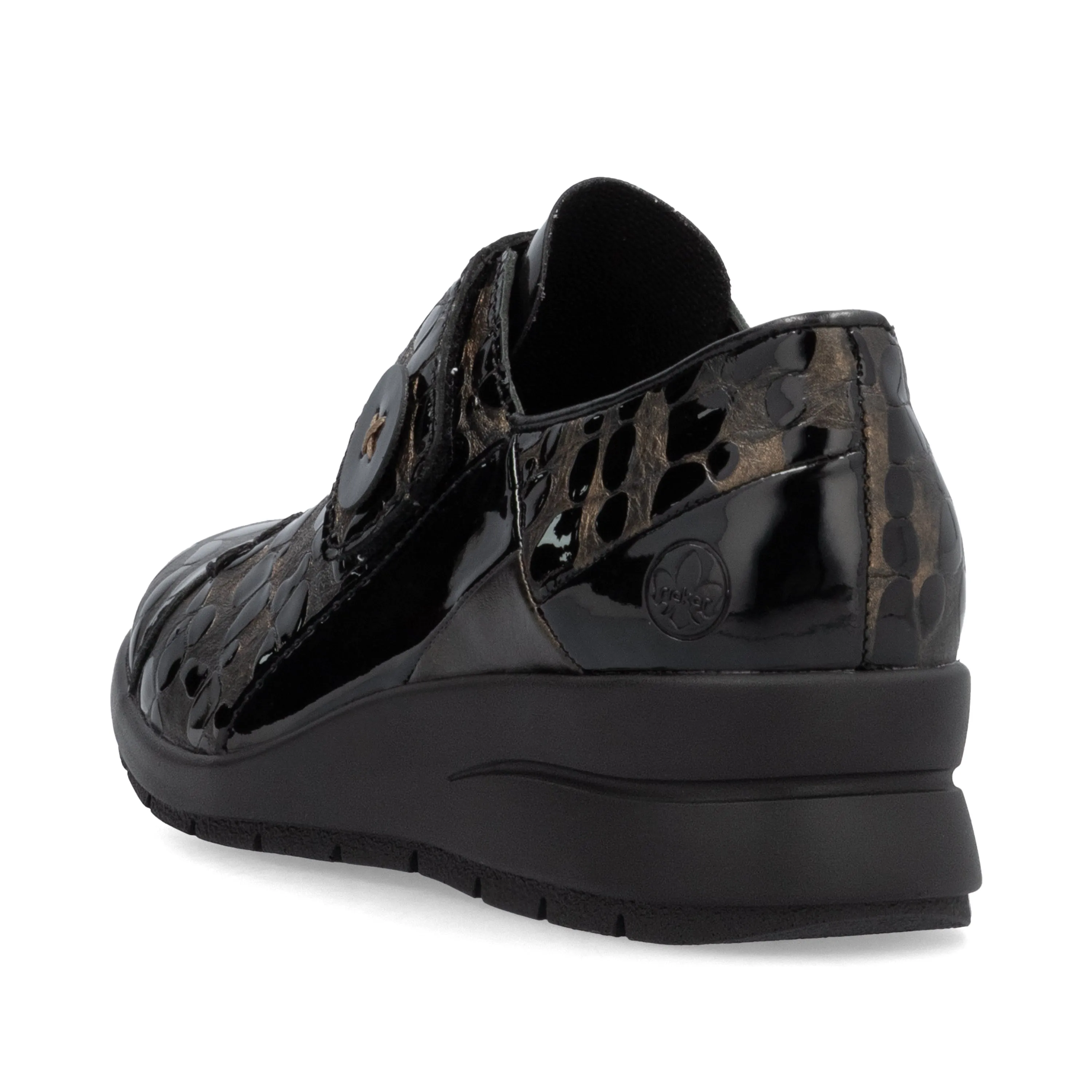 Rieker L4856 - Ladies Velcro Brown Patent Croc Wedge in Brown/Black