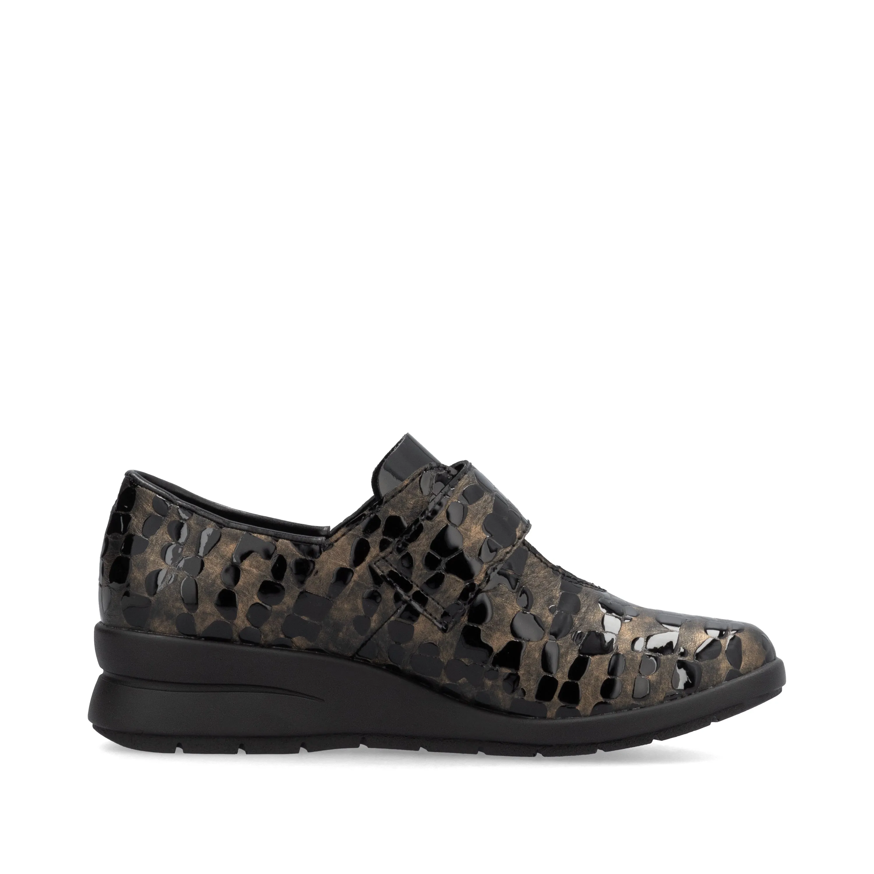 Rieker L4856 - Ladies Velcro Brown Patent Croc Wedge in Brown/Black