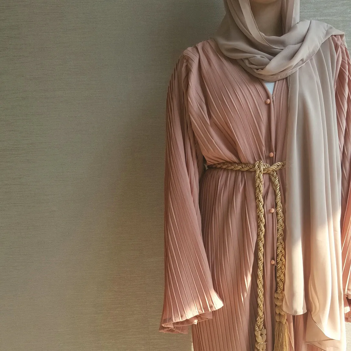 Salmon Pink Pleated Abaya Robe with robe Button & Belt