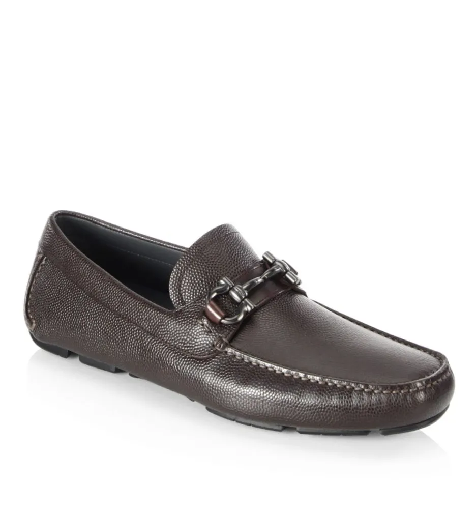 SALVATORE FERRAGAMO - “Parigi” Brown Grained Pebbled Leather Loafers - 11 EE