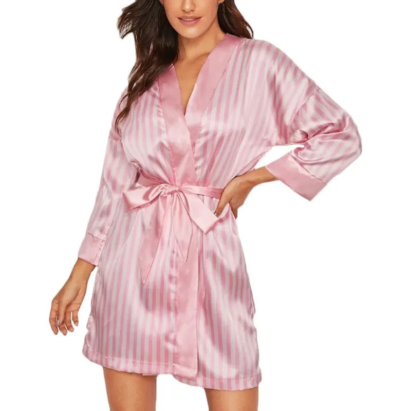 Satin Whisper Striped Tie-Waist Kimono Robe