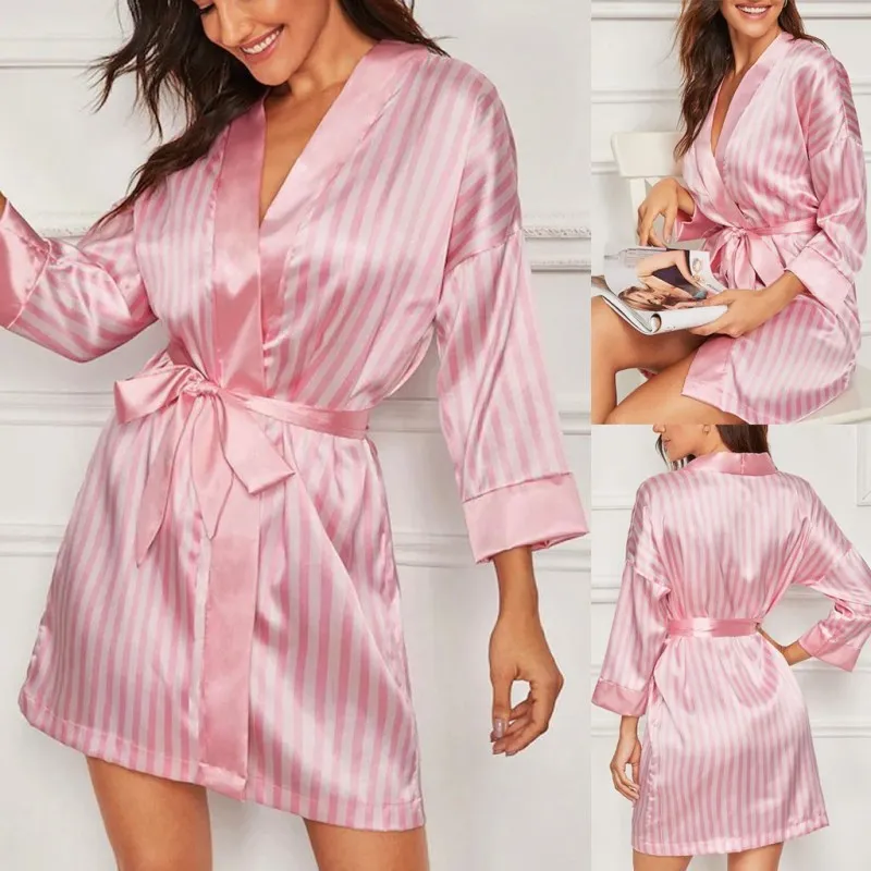 Satin Whisper Striped Tie-Waist Kimono Robe