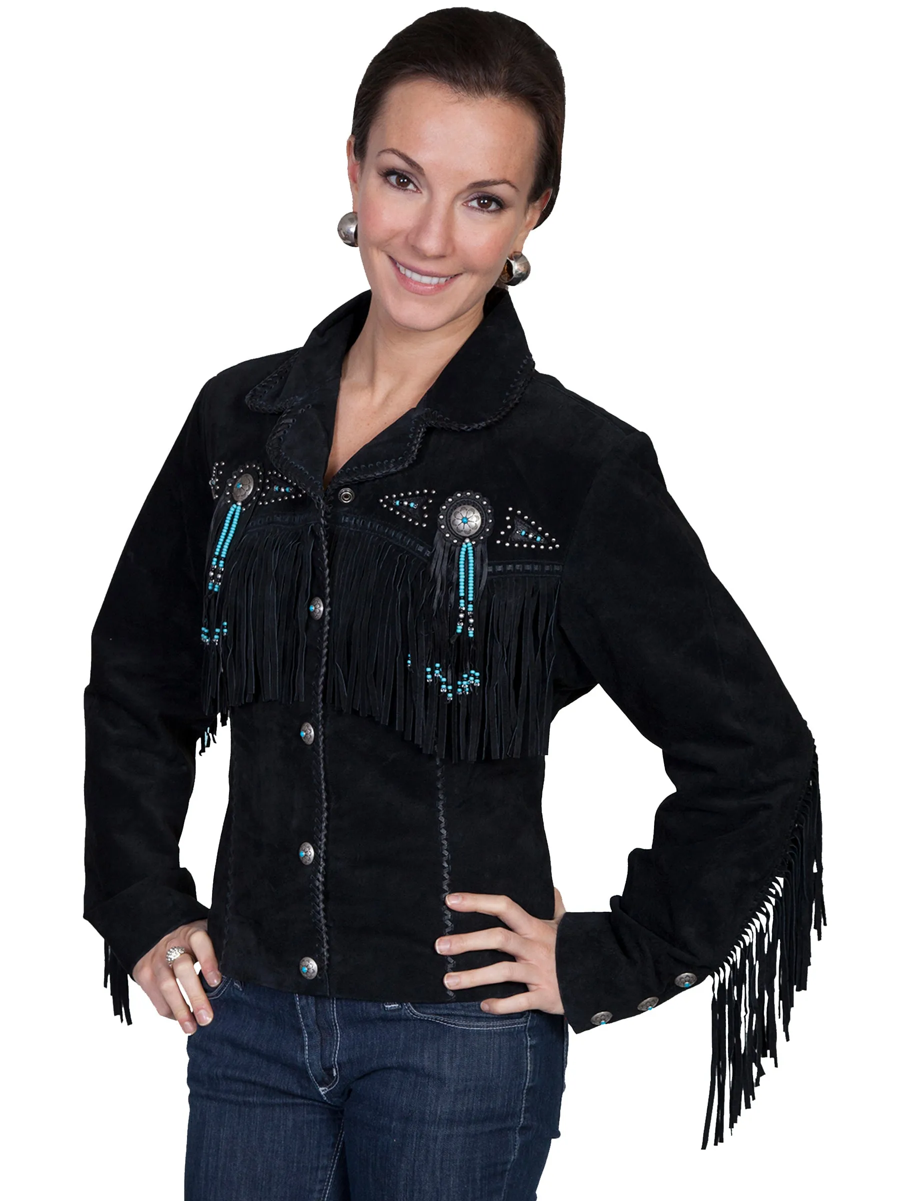Scully Leather Womens Beaded Fringe Conchos Boar Suede Jacket Black S