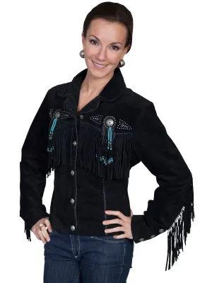 Scully Leather Womens Beaded Fringe Conchos Boar Suede Jacket Black S