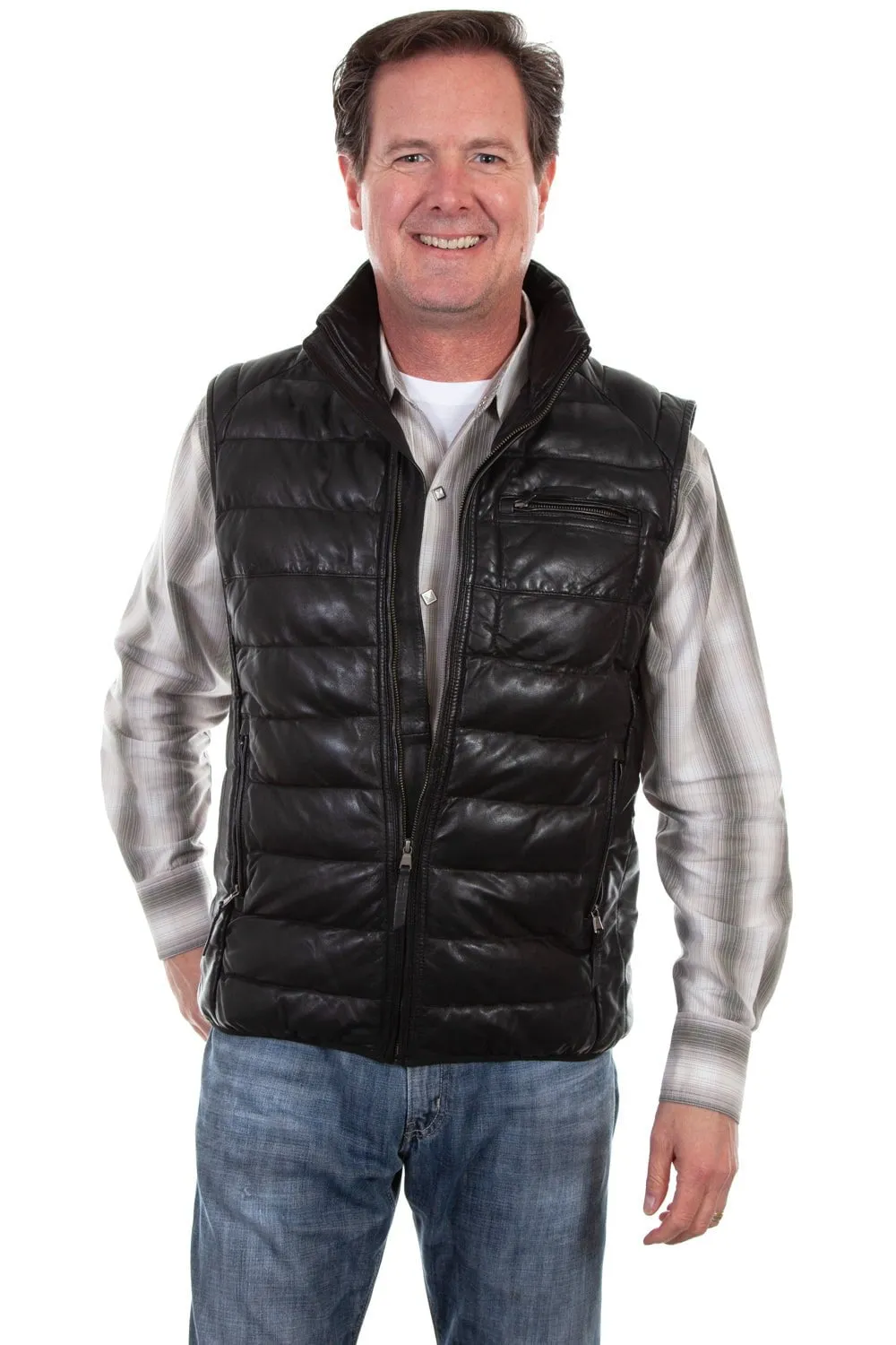 Scully Mens Black Leather Ribbed Vest M