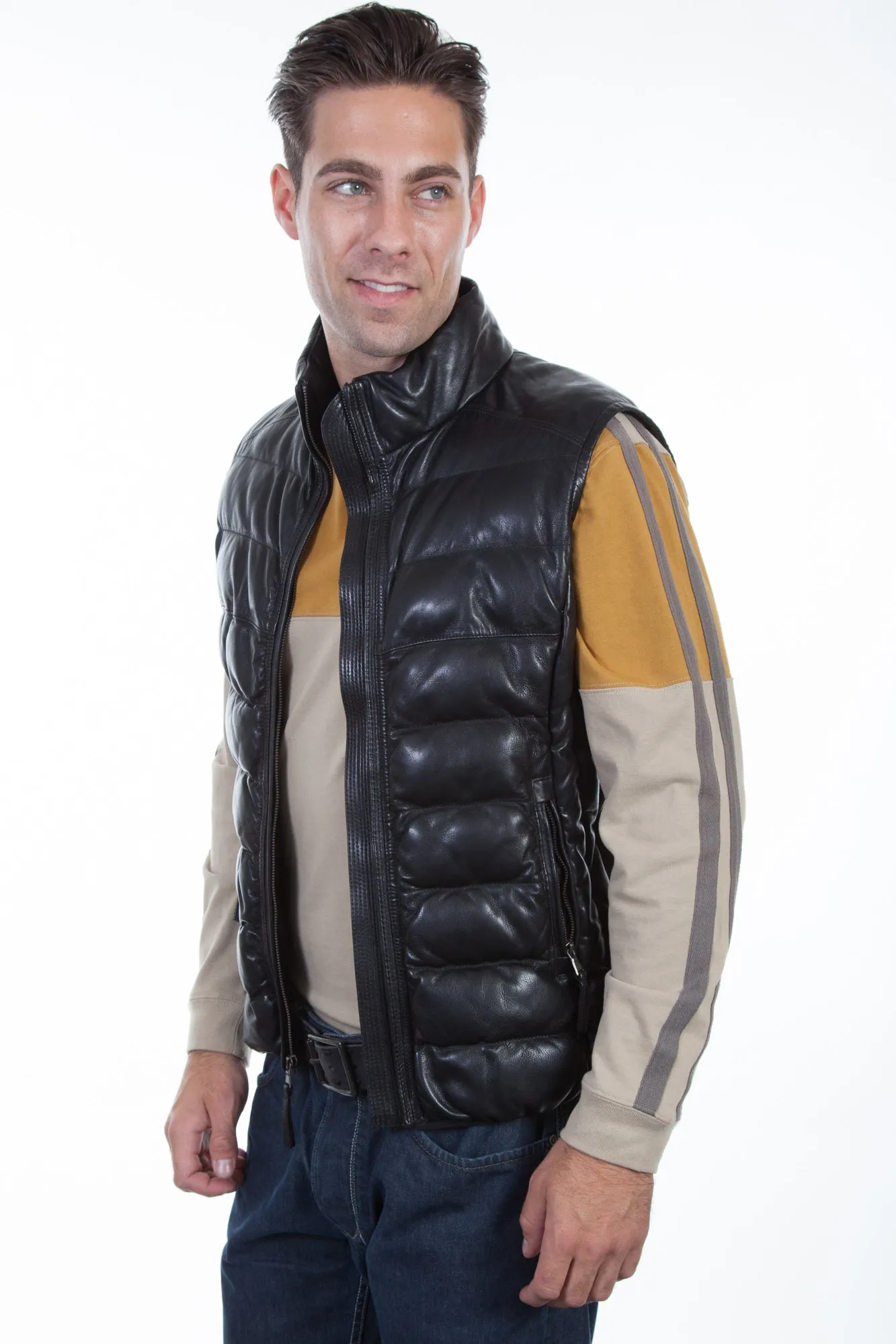 Scully Mens Black Leather Ribbed Vest M
