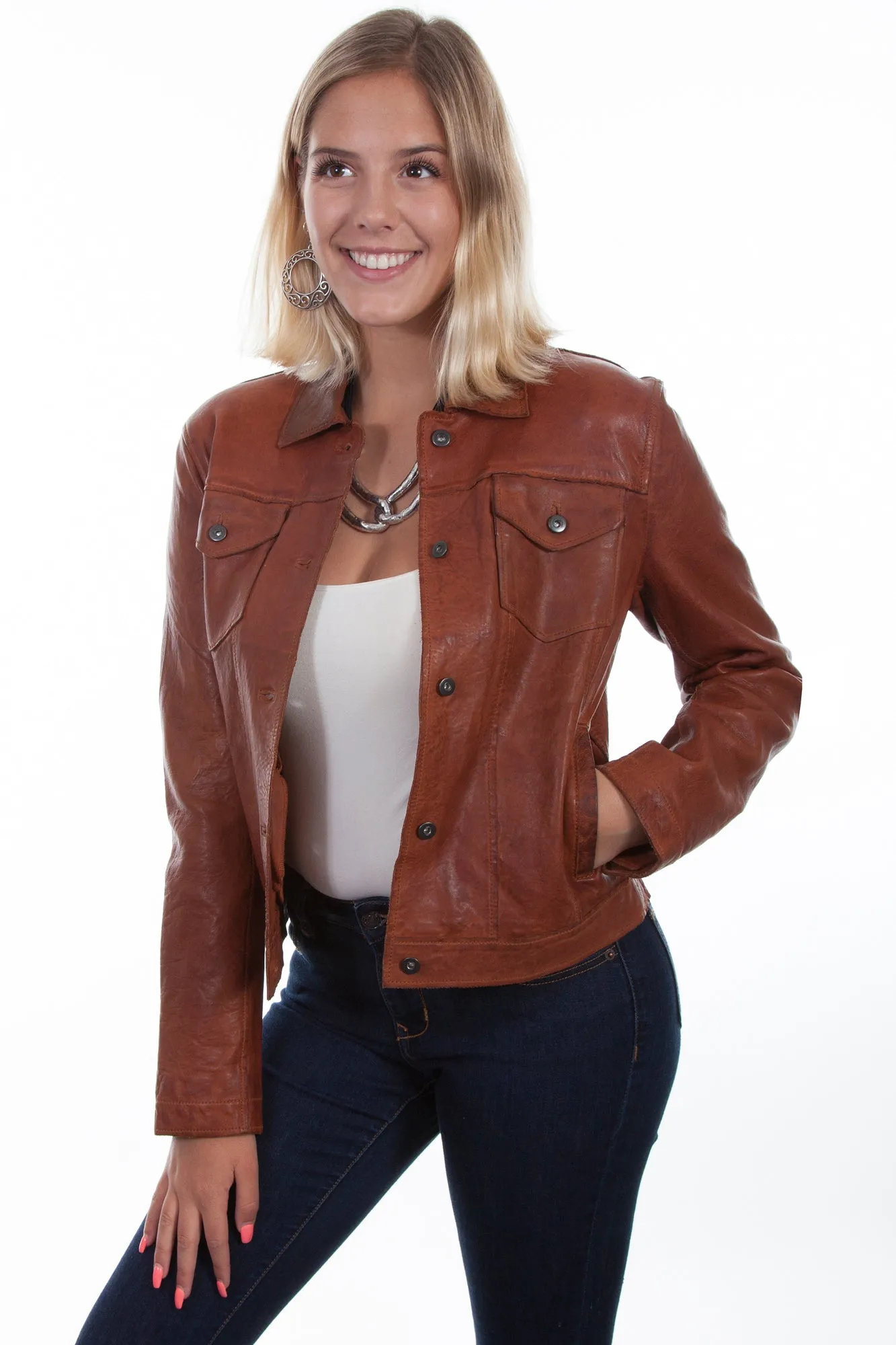 Scully Womens Cognac Leather Jean Jacket M