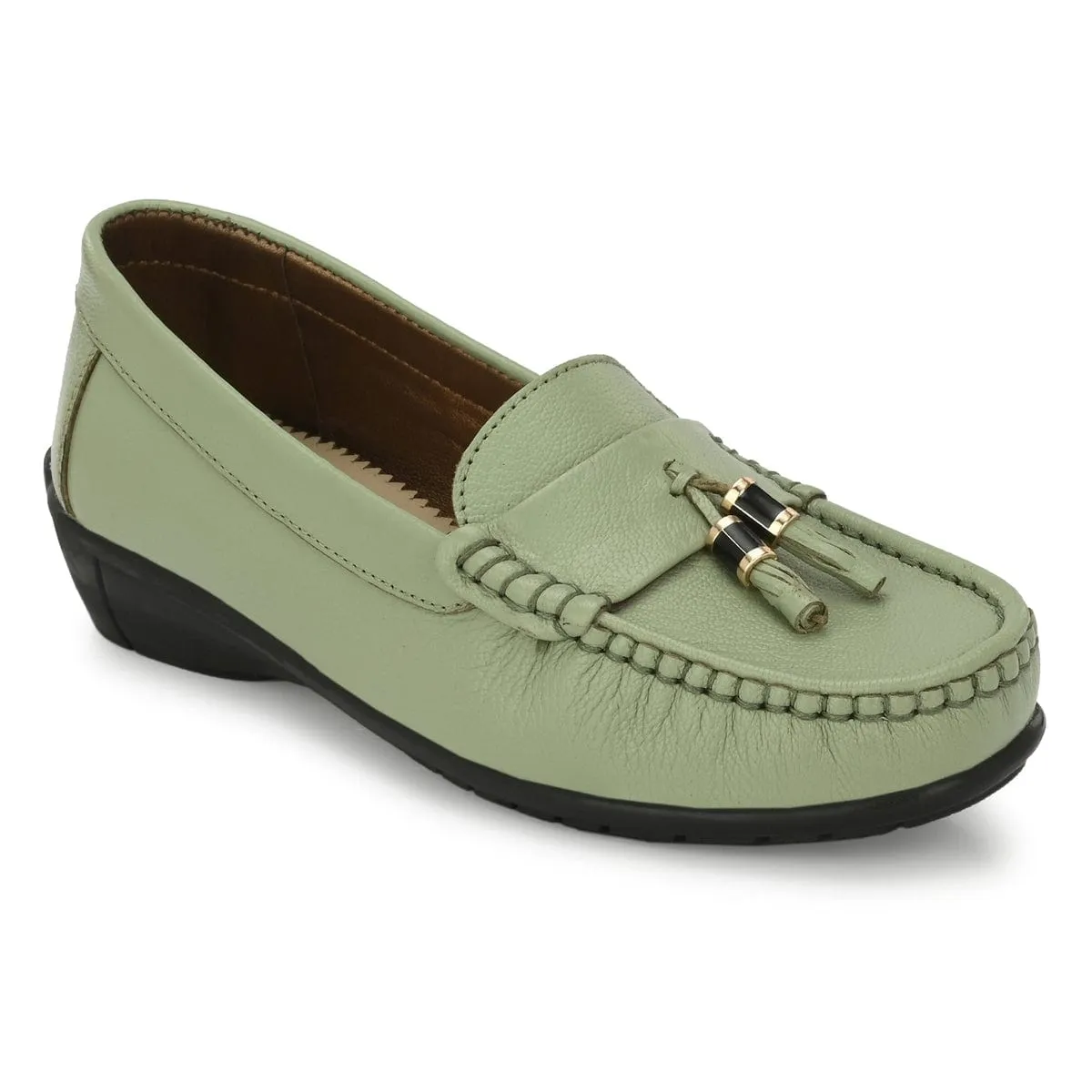 Sydney Tassel Green Leather Loafers