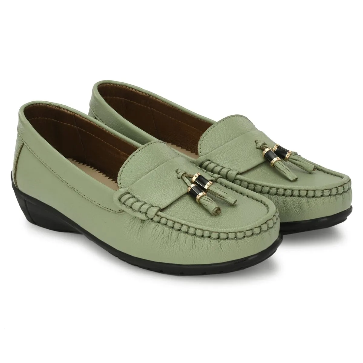 Sydney Tassel Green Leather Loafers
