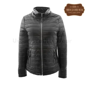 Women Real Leather Puffer Jacket Quilted Removable Hood  (Black)