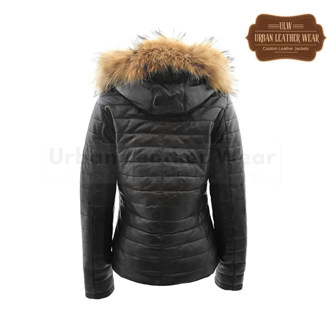Women Real Leather Puffer Jacket Quilted Removable Hood  (Black)