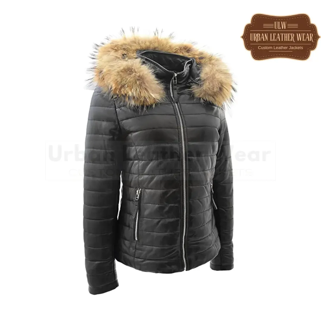 Women Real Leather Puffer Jacket Quilted Removable Hood  (Black)