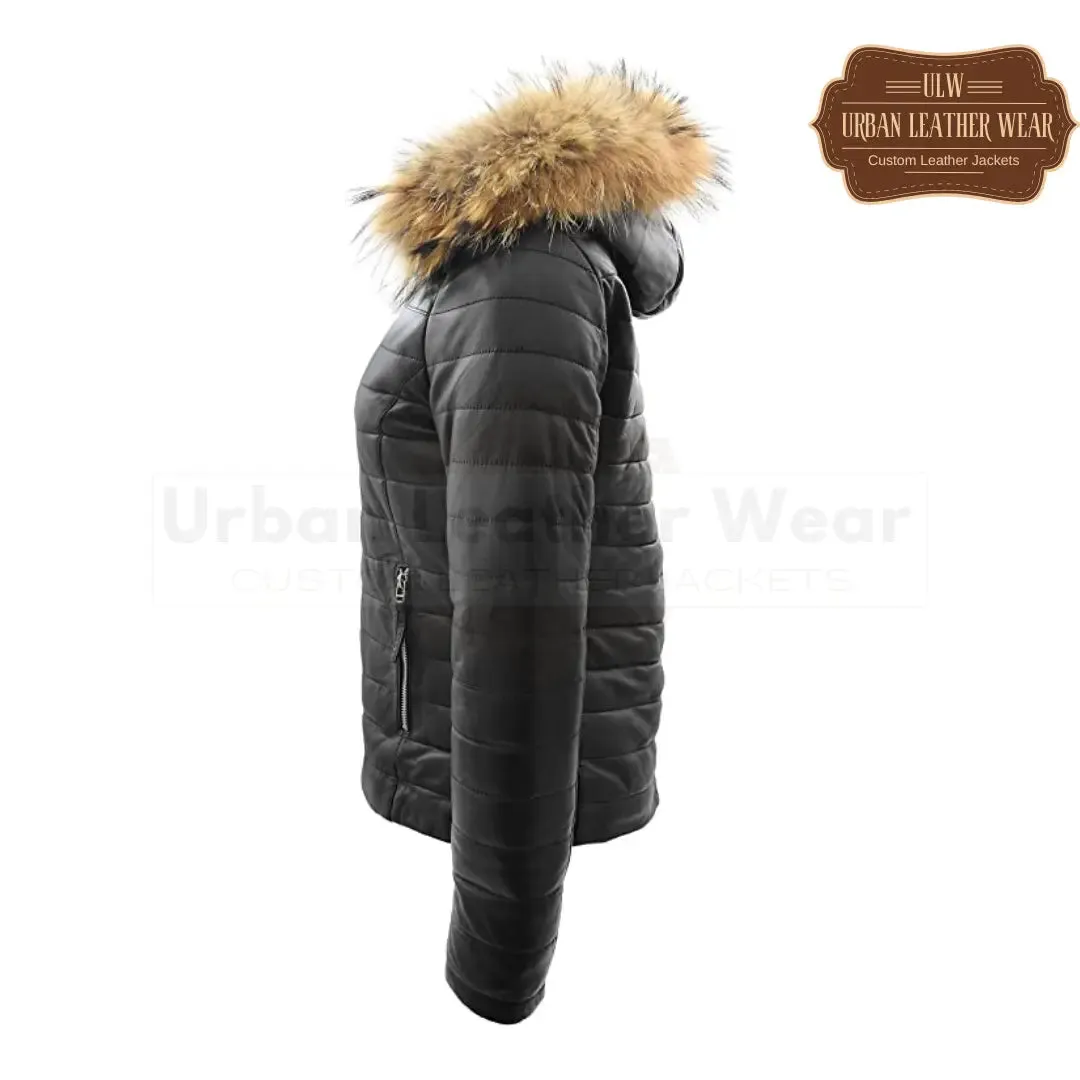 Women Real Leather Puffer Jacket Quilted Removable Hood  (Black)