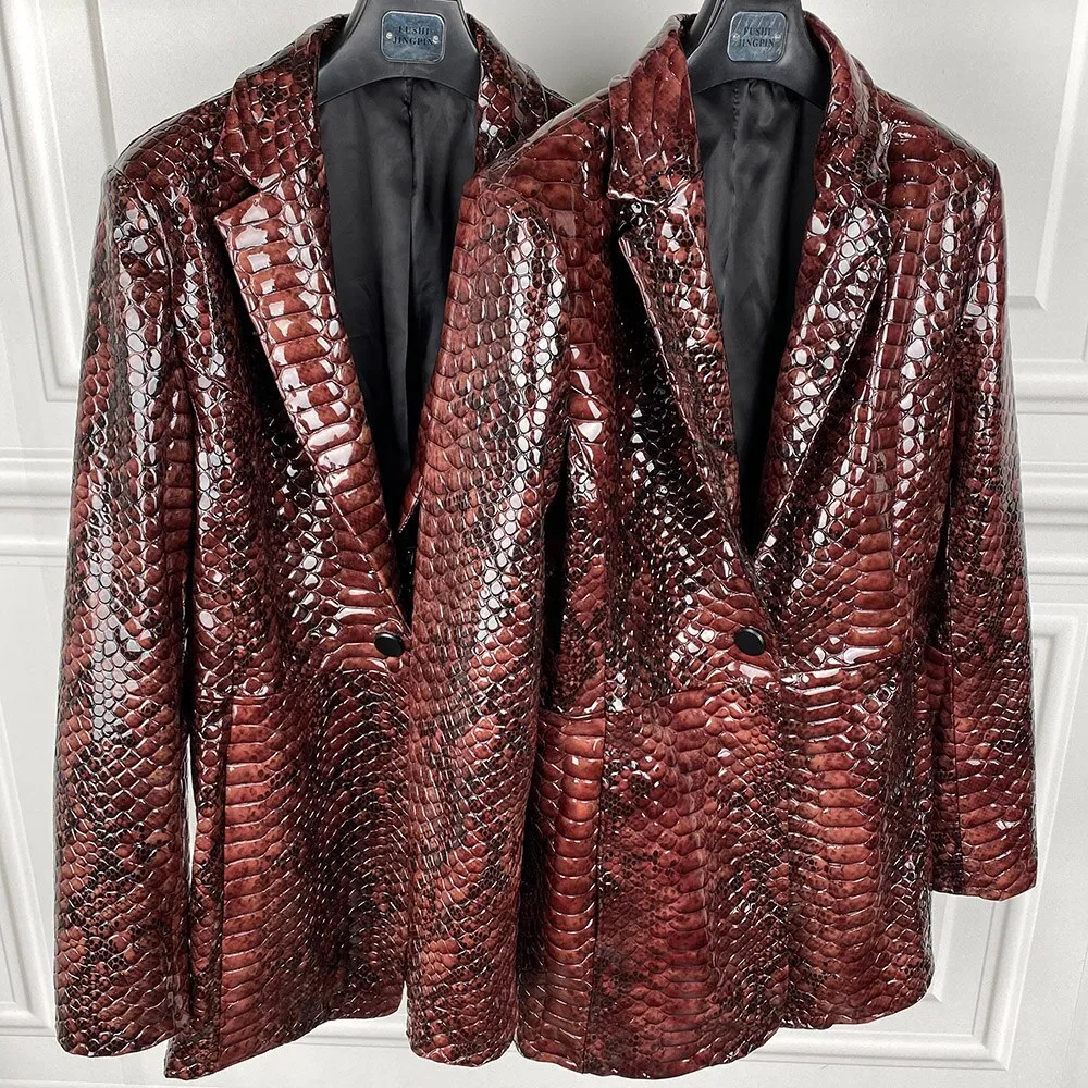 Women Snake Shiny Patent Leather Jacket