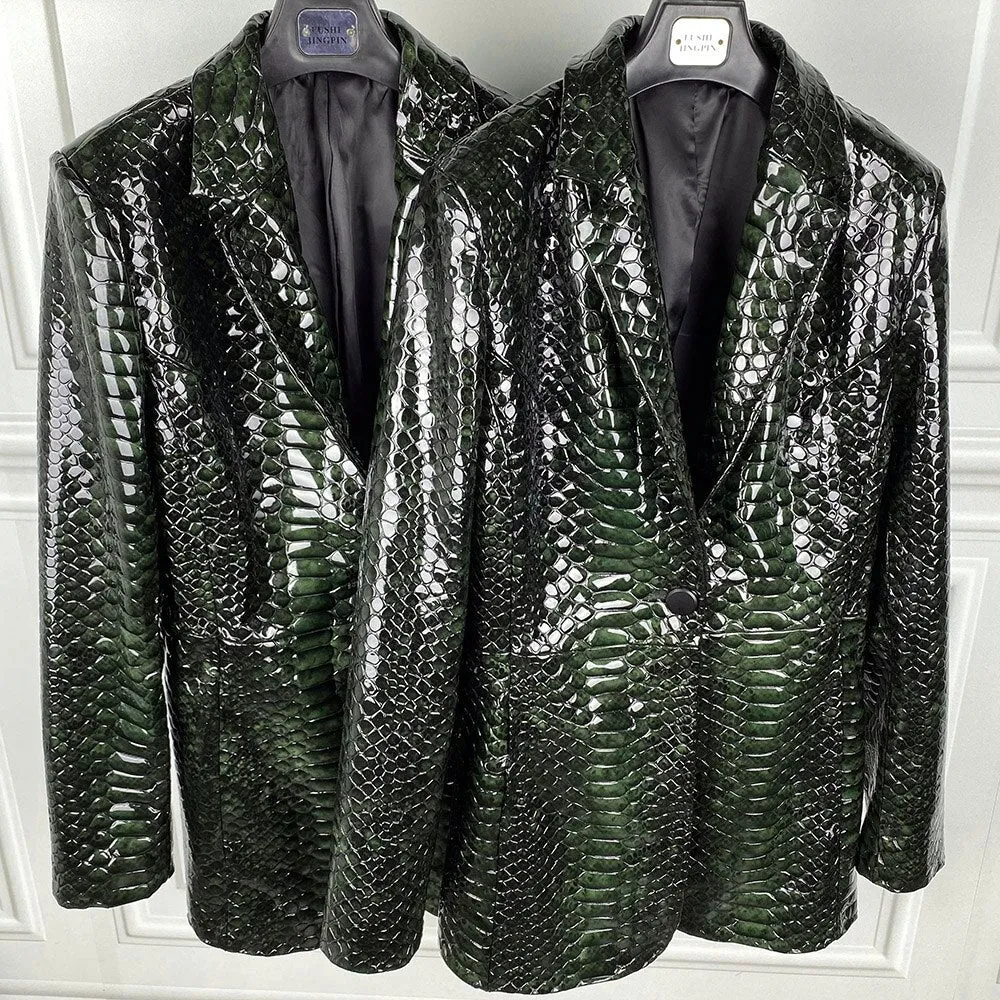 Women Snake Shiny Patent Leather Jacket