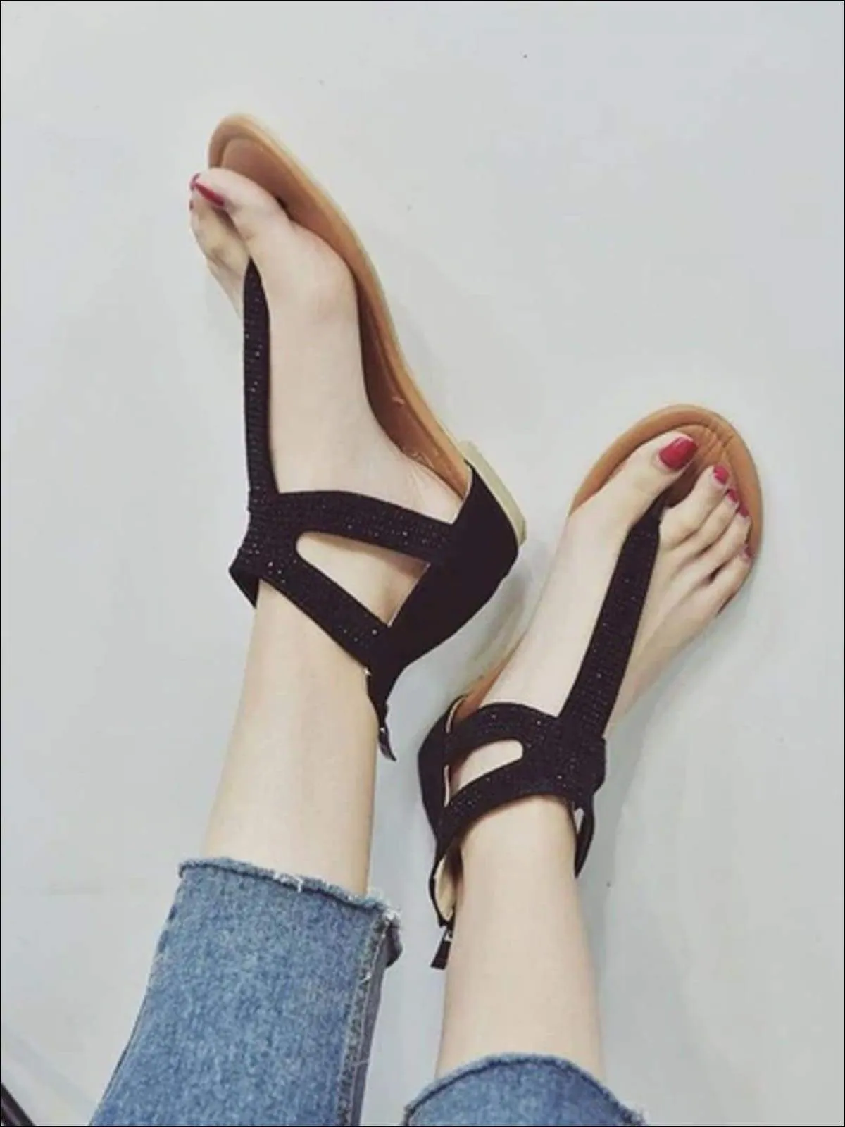 Women's Faux Suede T-Strap Flat Sandals With Rhinestone Appliques By Liv and Mia