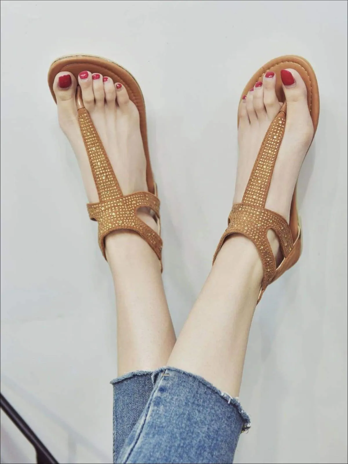 Women's Faux Suede T-Strap Flat Sandals With Rhinestone Appliques By Liv and Mia