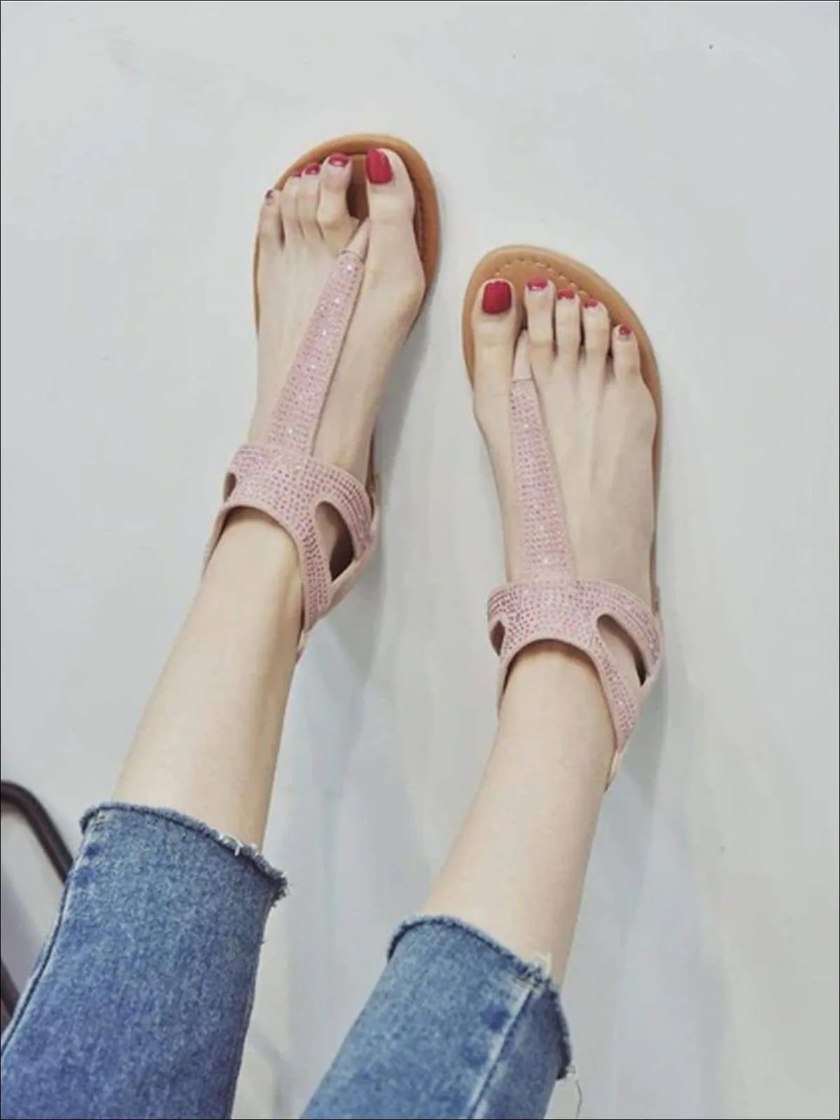Women's Faux Suede T-Strap Flat Sandals With Rhinestone Appliques By Liv and Mia