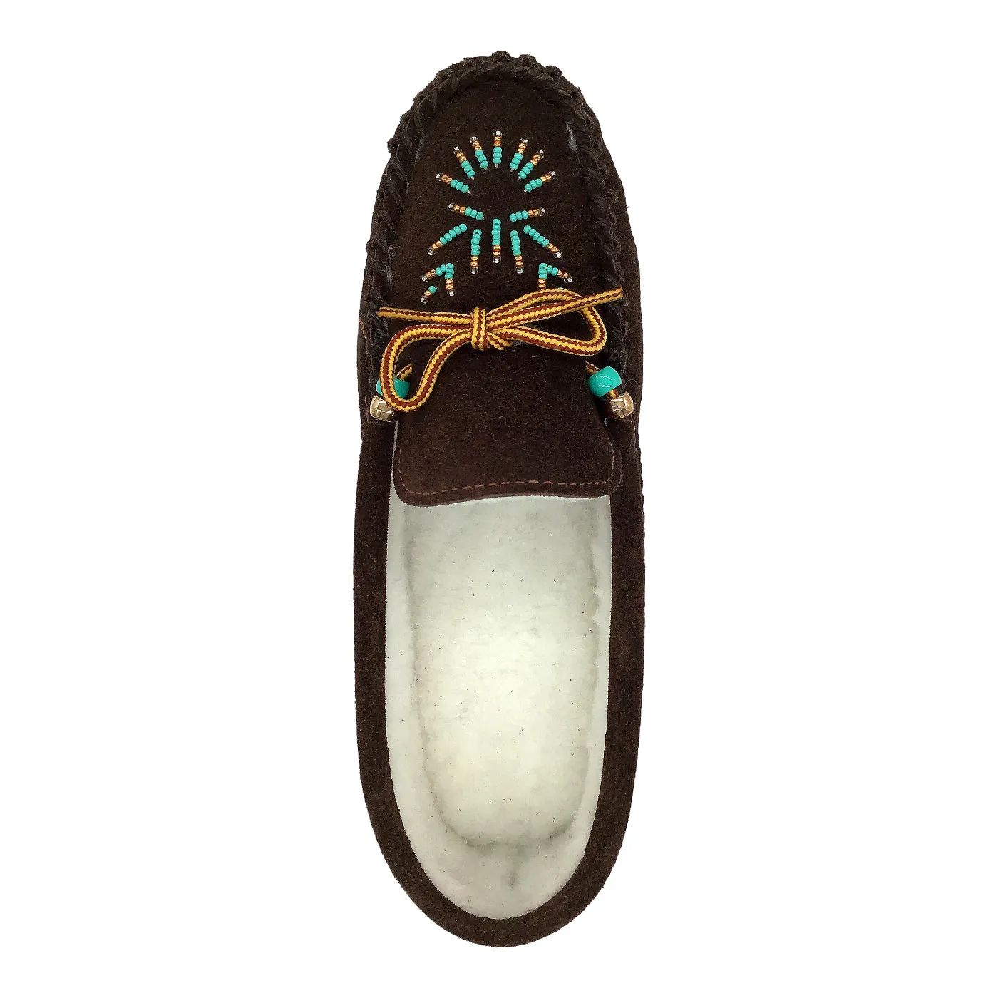 Women's Fleece Lined Beaded Brown Suede Moccasins