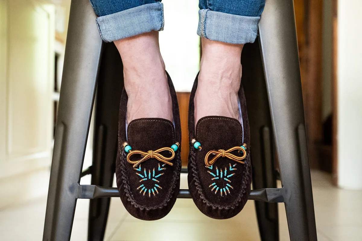 Women's Fleece Lined Beaded Brown Suede Moccasins