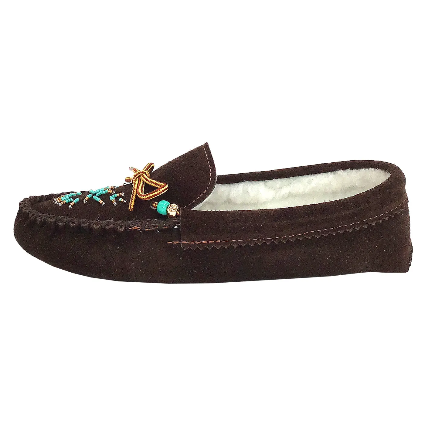 Women's Fleece Lined Beaded Brown Suede Moccasins