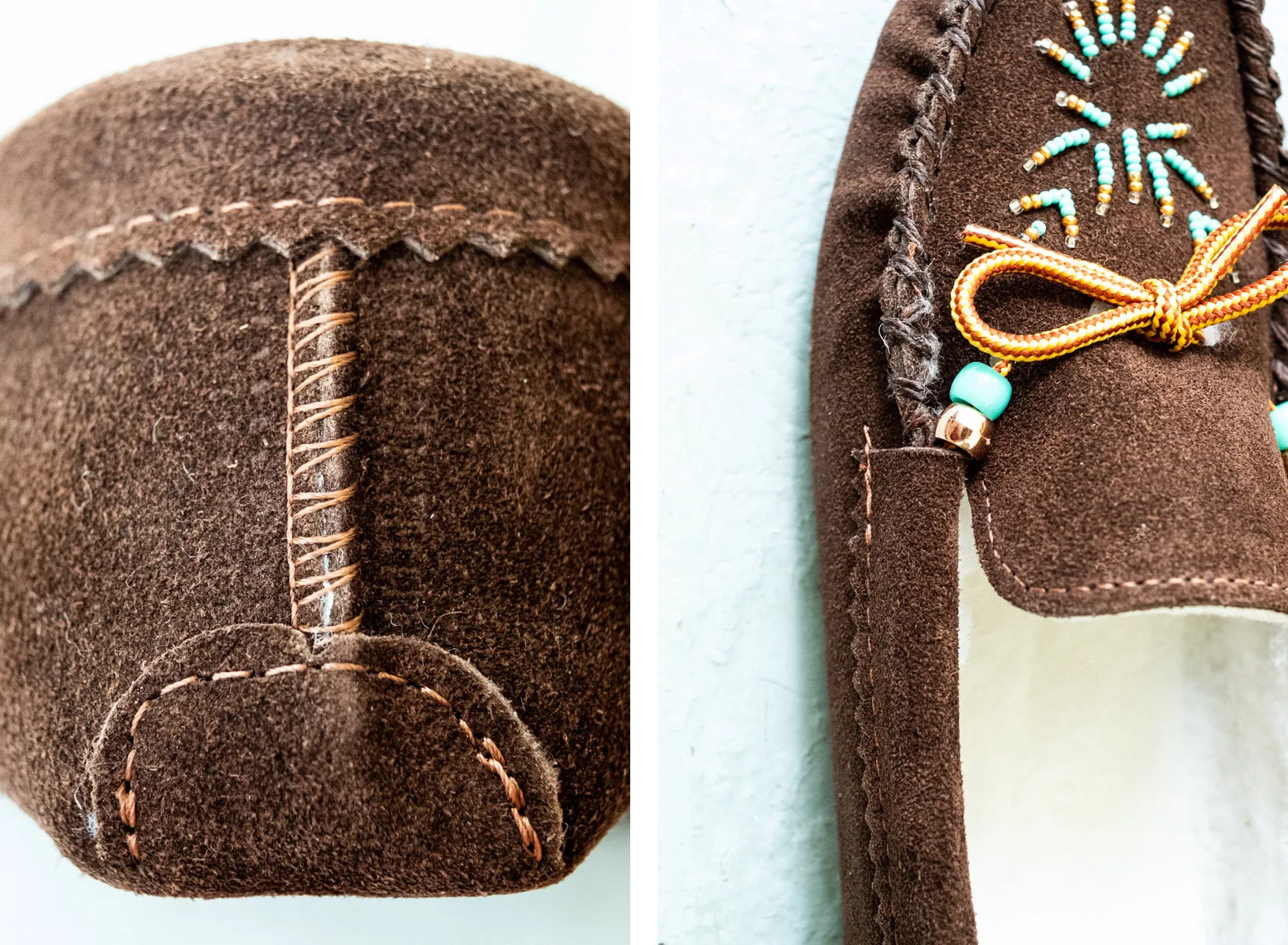 Women's Fleece Lined Beaded Brown Suede Moccasins