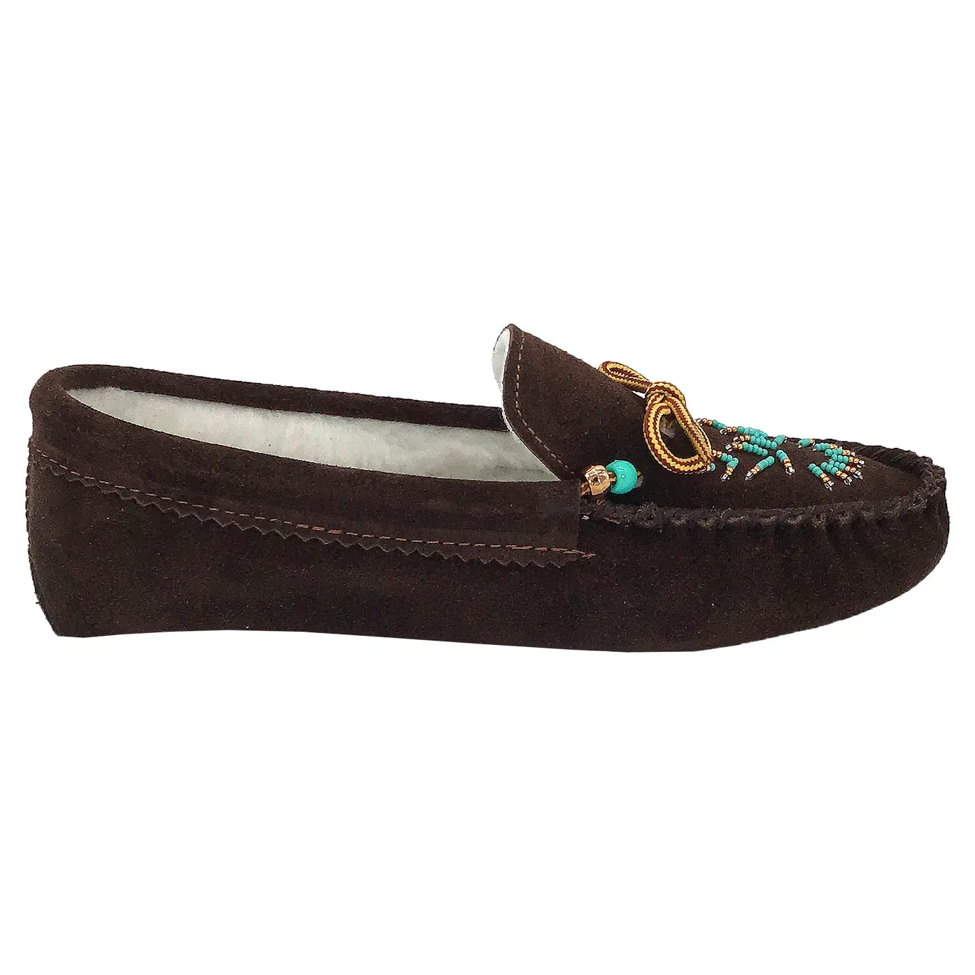 Women's Fleece Lined Beaded Brown Suede Moccasins