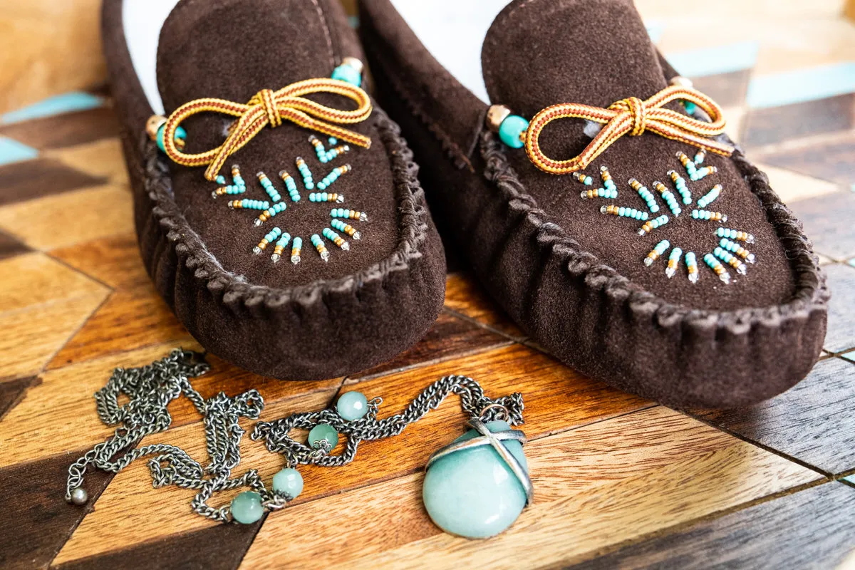 Women's Fleece Lined Beaded Brown Suede Moccasins
