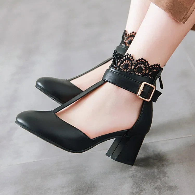 Women's T Strap Lace Ankle Wrap Buckle High Heels Block Heel Sandals