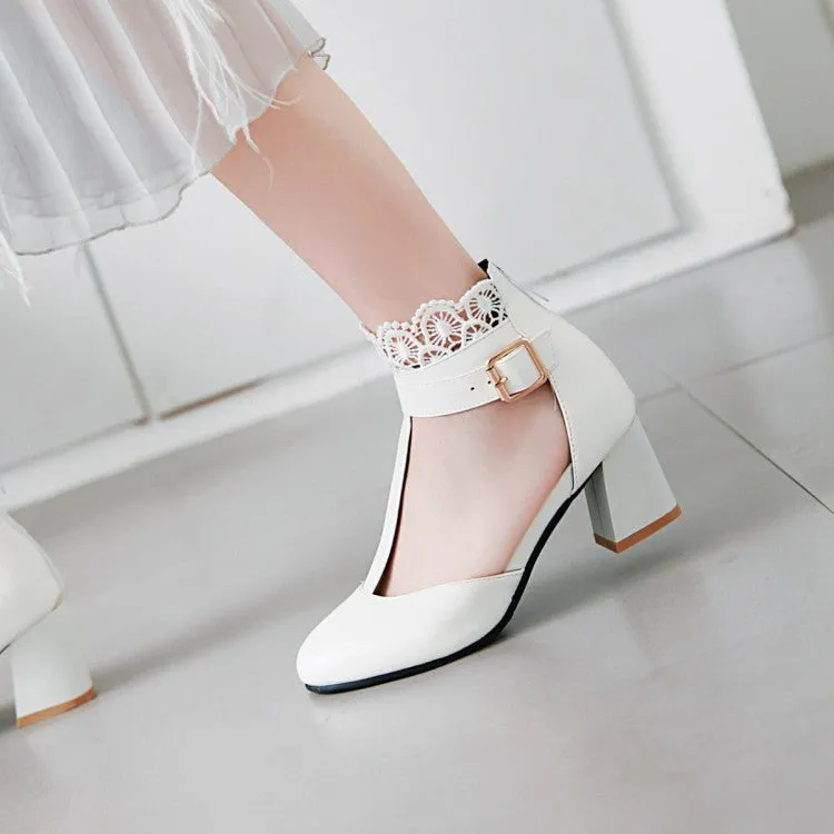 Women's T Strap Lace Ankle Wrap Buckle High Heels Block Heel Sandals