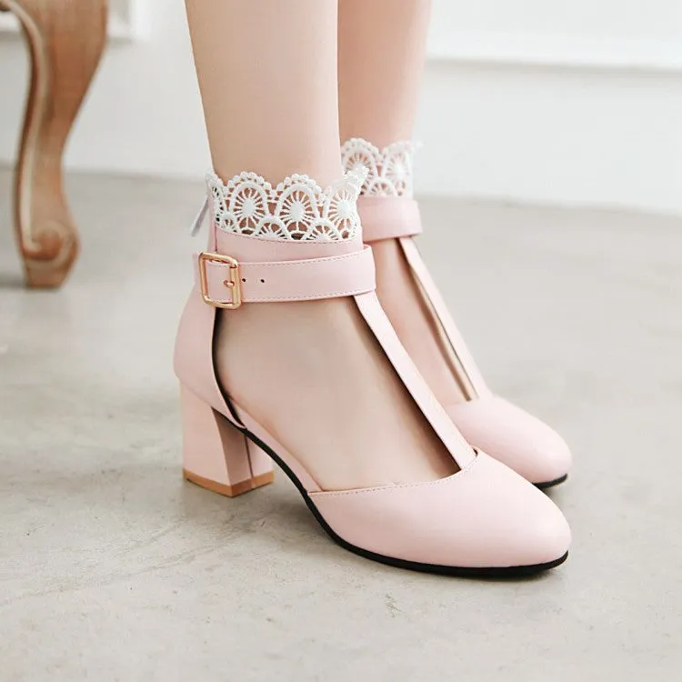Women's T Strap Lace Ankle Wrap Buckle High Heels Block Heel Sandals
