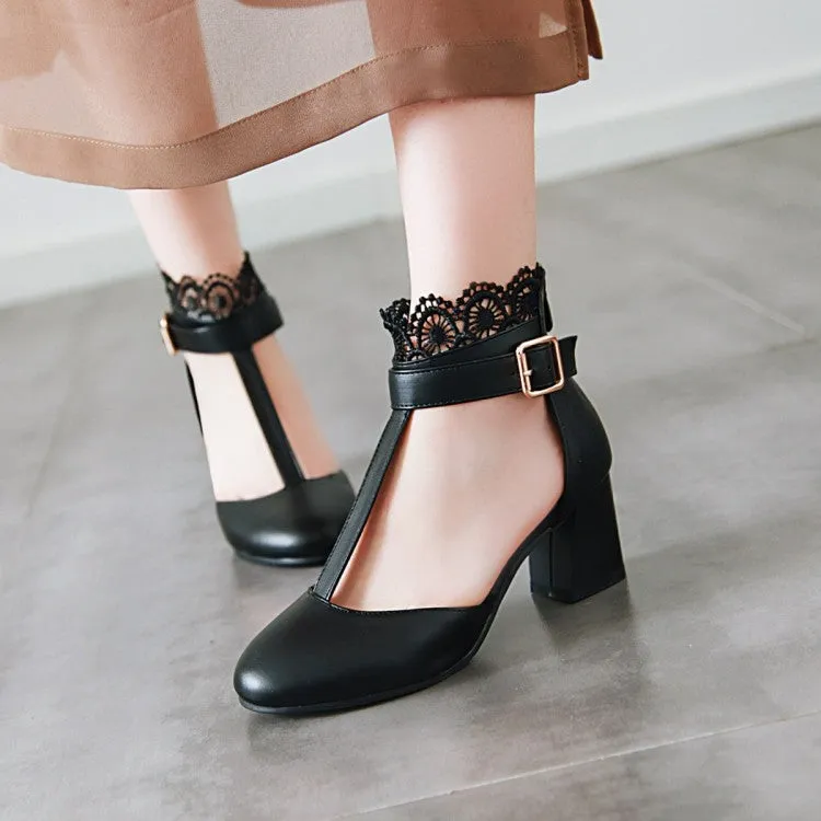 Women's T Strap Lace Ankle Wrap Buckle High Heels Block Heel Sandals