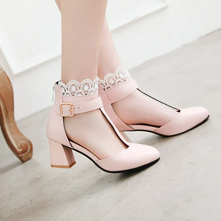 Women's T Strap Lace Ankle Wrap Buckle High Heels Block Heel Sandals