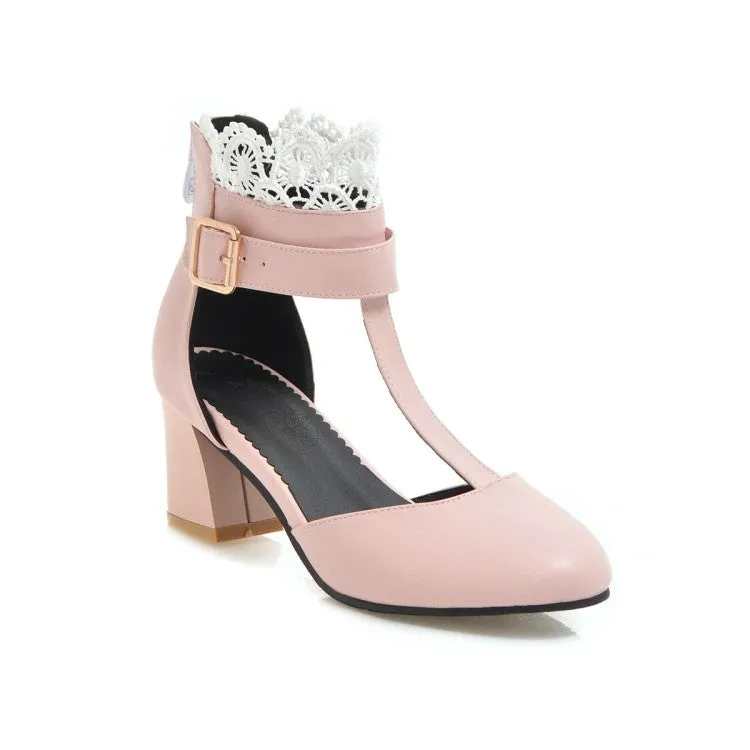 Women's T Strap Lace Ankle Wrap Buckle High Heels Block Heel Sandals