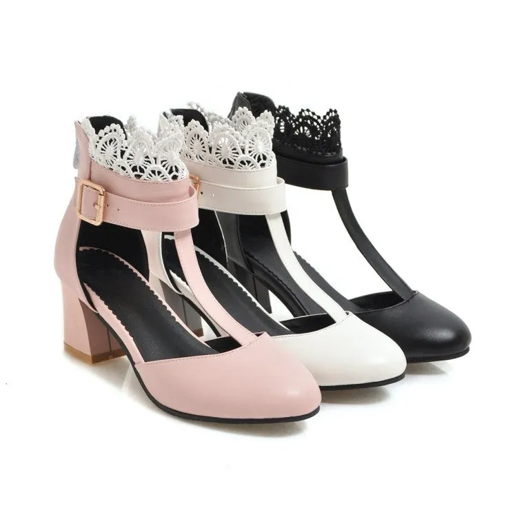 Women's T Strap Lace Ankle Wrap Buckle High Heels Block Heel Sandals
