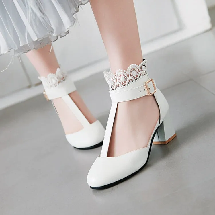 Women's T Strap Lace Ankle Wrap Buckle High Heels Block Heel Sandals