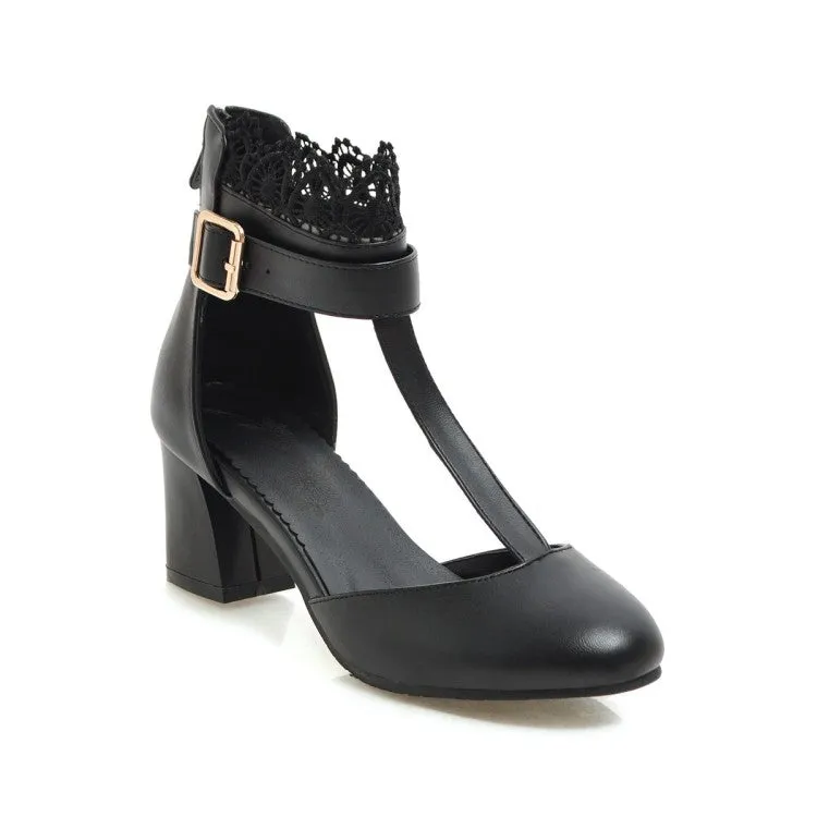 Women's T Strap Lace Ankle Wrap Buckle High Heels Block Heel Sandals