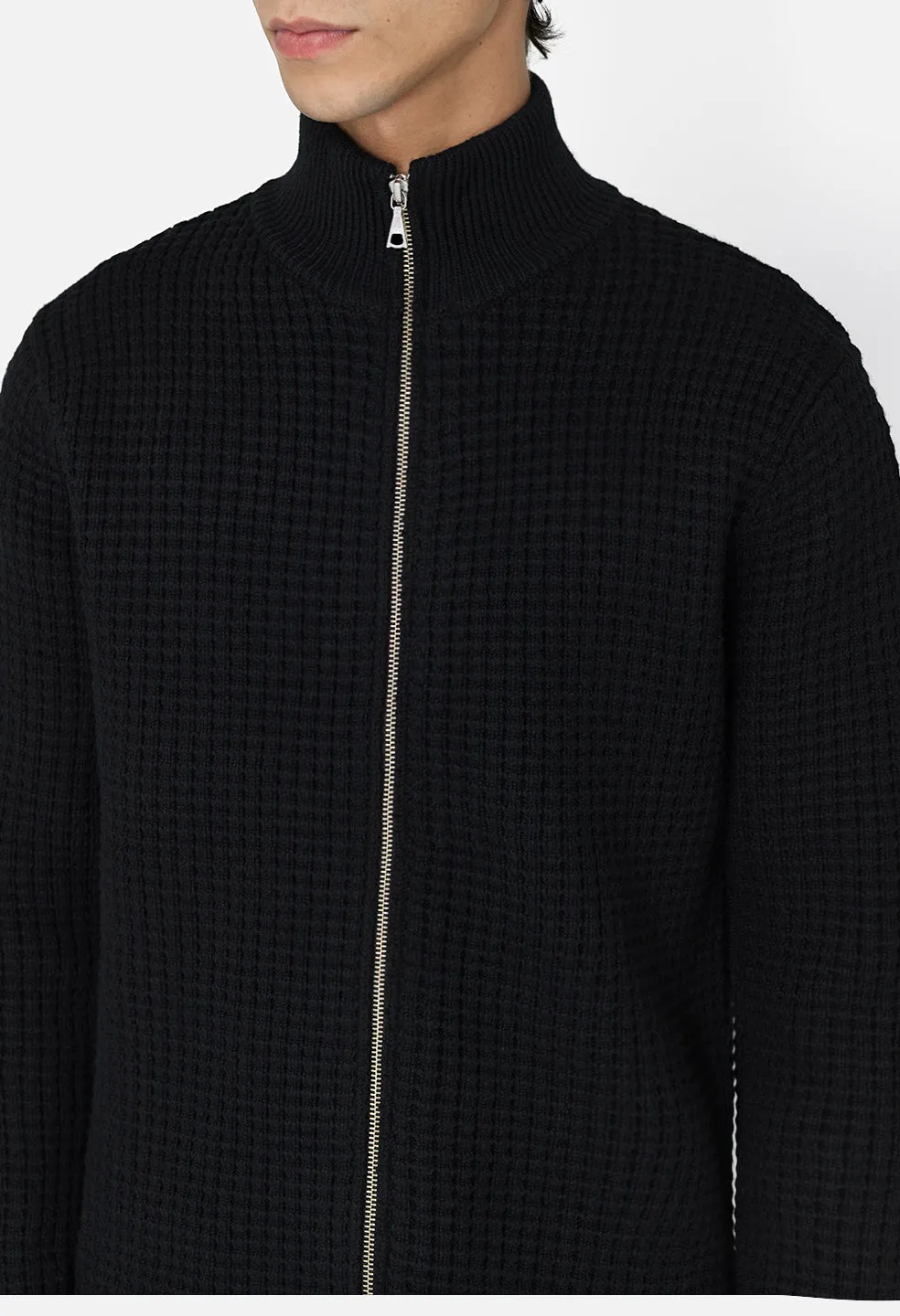 Wool Waffle Knit Full-Zip / Black